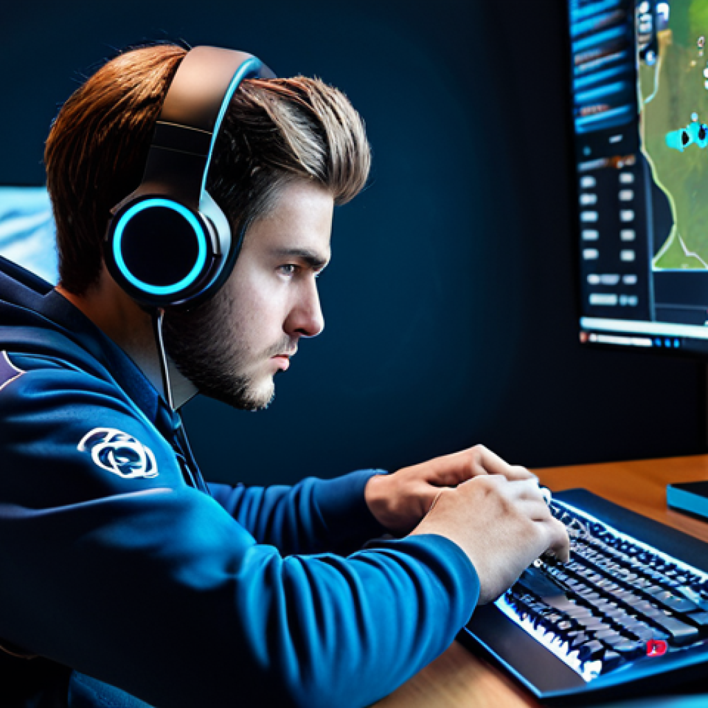 A focused professional esports player, fully clothed in a modest, modern gaming uniform, wearing a high-quality headset, intently studying a holographic tactical map displaying strategic points within a clean, well-lit gaming studio. The image emphasizes concentration and analytical thought. Perfect anatomy, correct proportions, natural pose, well-formed hands, proper finger count. Professional photography, high quality, realistic rendering, safe for work, appropriate content, fully clothed, family-friendly.