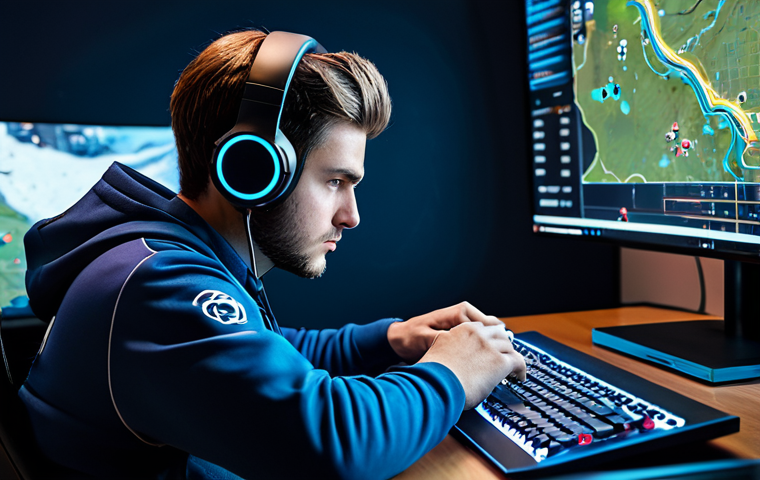 A focused professional esports player, fully clothed in a modest, modern gaming uniform, wearing a high-quality headset, intently studying a holographic tactical map displaying strategic points within a clean, well-lit gaming studio. The image emphasizes concentration and analytical thought. Perfect anatomy, correct proportions, natural pose, well-formed hands, proper finger count. Professional photography, high quality, realistic rendering, safe for work, appropriate content, fully clothed, family-friendly.