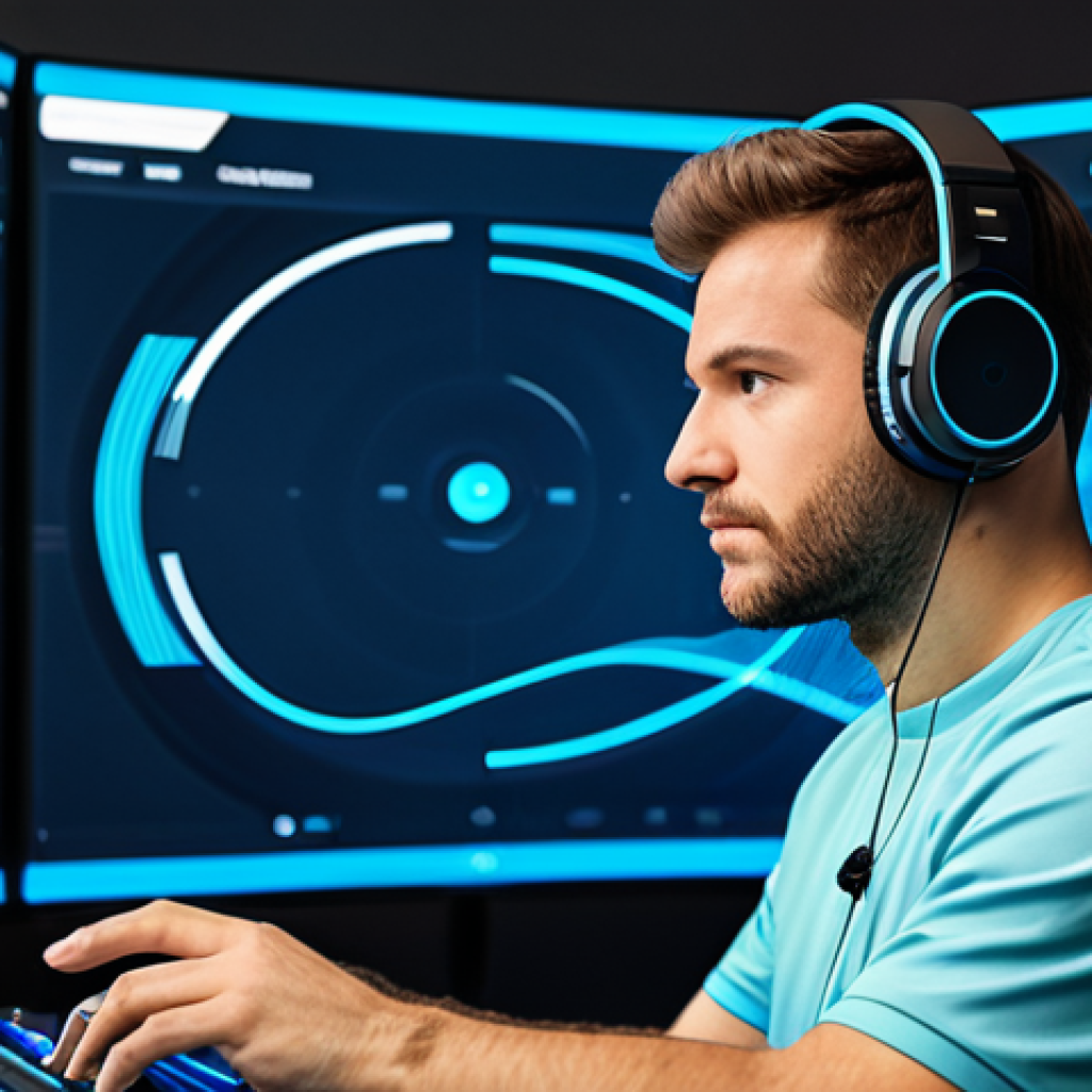 A professional gamer, fully clothed in modest, modern athletic wear, deeply focused with high-quality over-ear headphones on, eyes fixed on a screen displaying an abstract, data-rich tactical map with subtle, illustrative sound wave visualizations emanating from various points. The background is a clean, well-lit professional gaming studio environment. Perfect anatomy, correct proportions, natural pose, well-formed hands, proper finger count, natural body proportions, professional photography, high quality, safe for work, appropriate content, family-friendly.