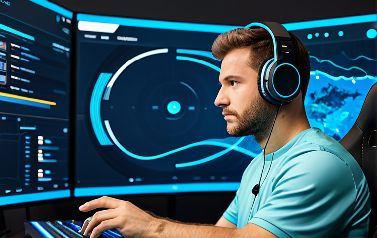 A professional gamer, fully clothed in modest, modern athletic wear, deeply focused with high-quality over-ear headphones on, eyes fixed on a screen displaying an abstract, data-rich tactical map with subtle, illustrative sound wave visualizations emanating from various points. The background is a clean, well-lit professional gaming studio environment. Perfect anatomy, correct proportions, natural pose, well-formed hands, proper finger count, natural body proportions, professional photography, high quality, safe for work, appropriate content, family-friendly.