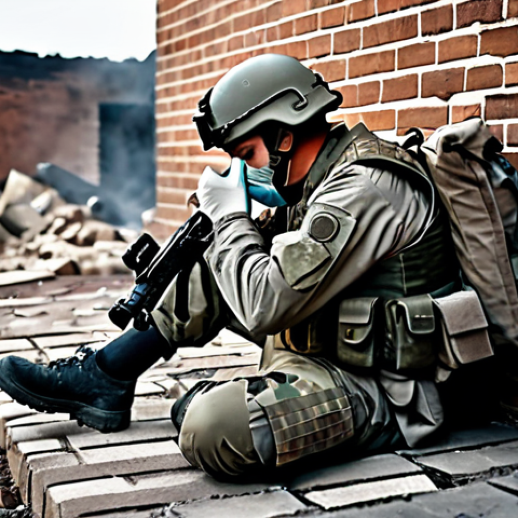 ** A fully clothed squad member in a battle-torn camouflage uniform takes cover behind a crumbling brick wall during an intense firefight. Smoke from a recent explosion fills the air. The soldier is bandaging a wound on their arm using a first aid kit. A partially destroyed vest lies nearby. Emphasis on realism and grit. Safe for work, appropriate content, fully clothed, professional digital art, perfect anatomy, natural proportions. **