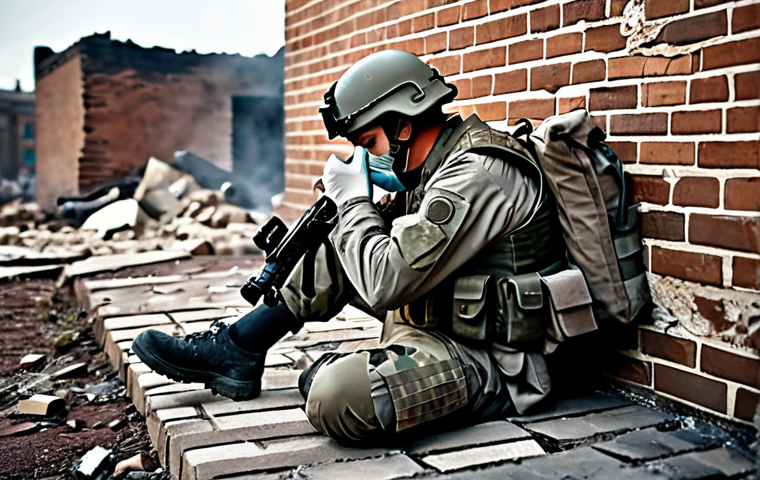 ** A fully clothed squad member in a battle-torn camouflage uniform takes cover behind a crumbling brick wall during an intense firefight. Smoke from a recent explosion fills the air. The soldier is bandaging a wound on their arm using a first aid kit. A partially destroyed vest lies nearby. Emphasis on realism and grit. Safe for work, appropriate content, fully clothed, professional digital art, perfect anatomy, natural proportions. **