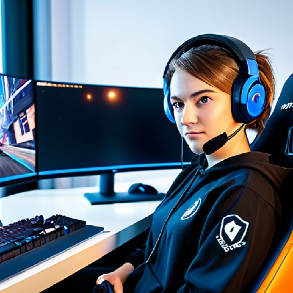 **Prompt:** A professional female gamer wearing a gaming headset and fully clothed in esports attire, sitting in a gaming chair in a brightly lit streaming room with multiple monitors, safe for work, appropriate content, perfect anatomy, natural proportions, family-friendly.