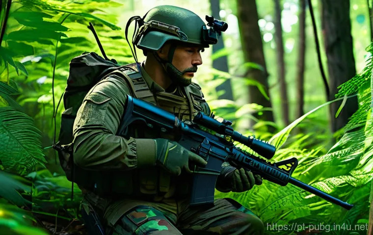 배틀그라운드 숨기 좋은 위치 추천 - **Prompt 1: The Master of Forest Camouflage** A lone male soldier, fully clothed in a highly det...