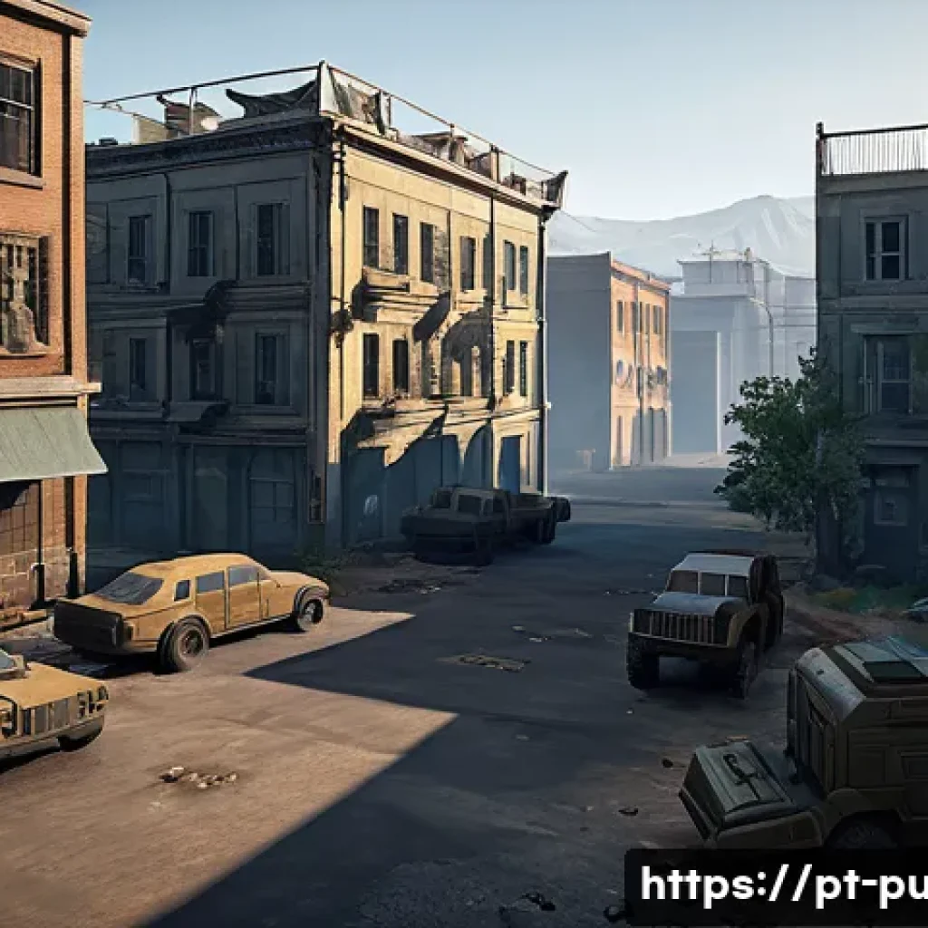배틀그라운드 상위 티어 공략 - A strategic battle royale scene depicting a player scouting a mid-sized urban loot zone with moderat...
