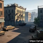 Home 20 배틀그라운드 상위 티어 공략 - A strategic battle royale scene depicting a player scouting a mid-sized urban loot zone with moderat...