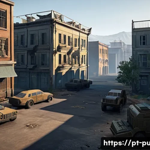Home 32 배틀그라운드 상위 티어 공략 - A strategic battle royale scene depicting a player scouting a mid-sized urban loot zone with moderat...