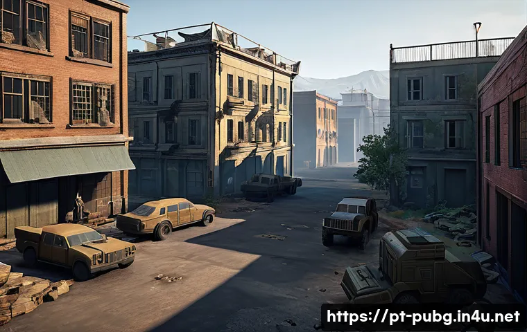 배틀그라운드 상위 티어 공략 - A strategic battle royale scene depicting a player scouting a mid-sized urban loot zone with moderat...
