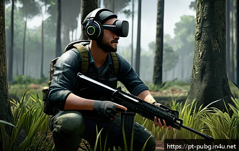 배틀그라운드 사운드 활용 전략 - A detailed in-game scene from PUBG showing a player wearing tactical gear and high-quality surround ...