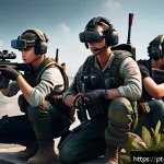 Home 18 배틀그라운드 친구 추가 및 팀 결성 - A diverse squad of four PUBG players in tactical gear, communicating intensely via high-quality gami...