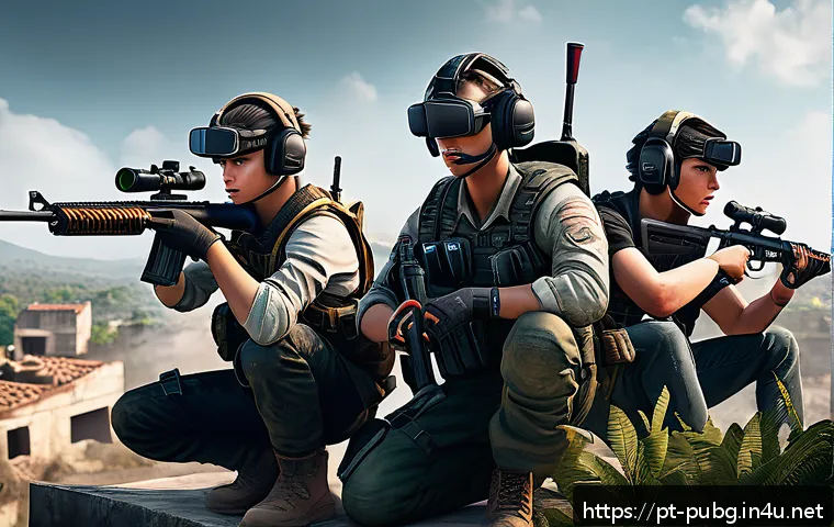 배틀그라운드 친구 추가 및 팀 결성 - A diverse squad of four PUBG players in tactical gear, communicating intensely via high-quality gami...