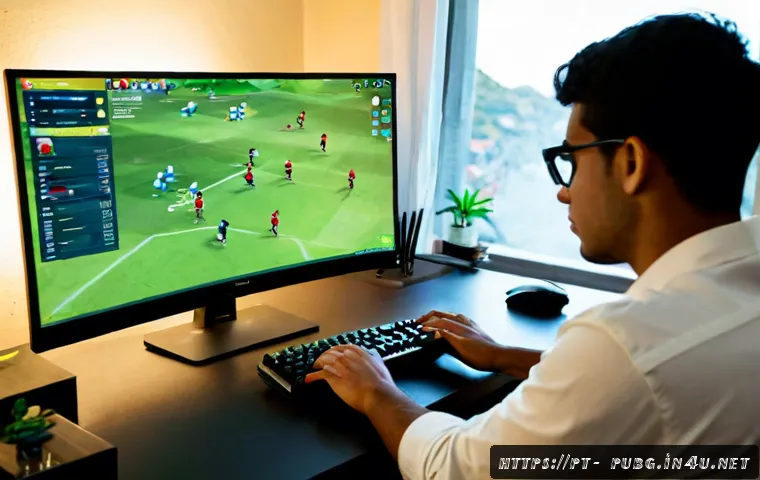 배틀그라운드 개인 기록 분석 - Photorealistic home gaming desk in Brazil, focused adult gamer reviewing personal battle royale matc...